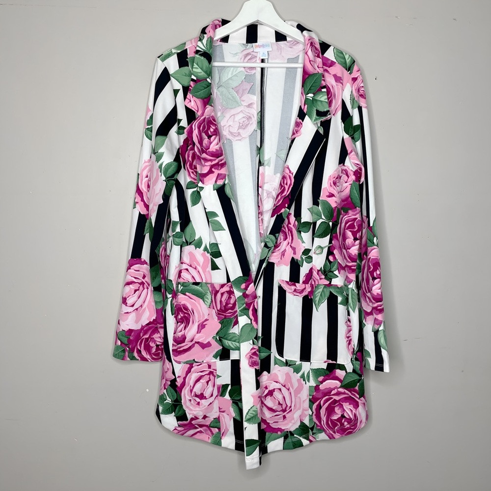 LuLaRoe Gwen Black and White Stripes w Floral Print Relaxed Deconstructed Blazer
